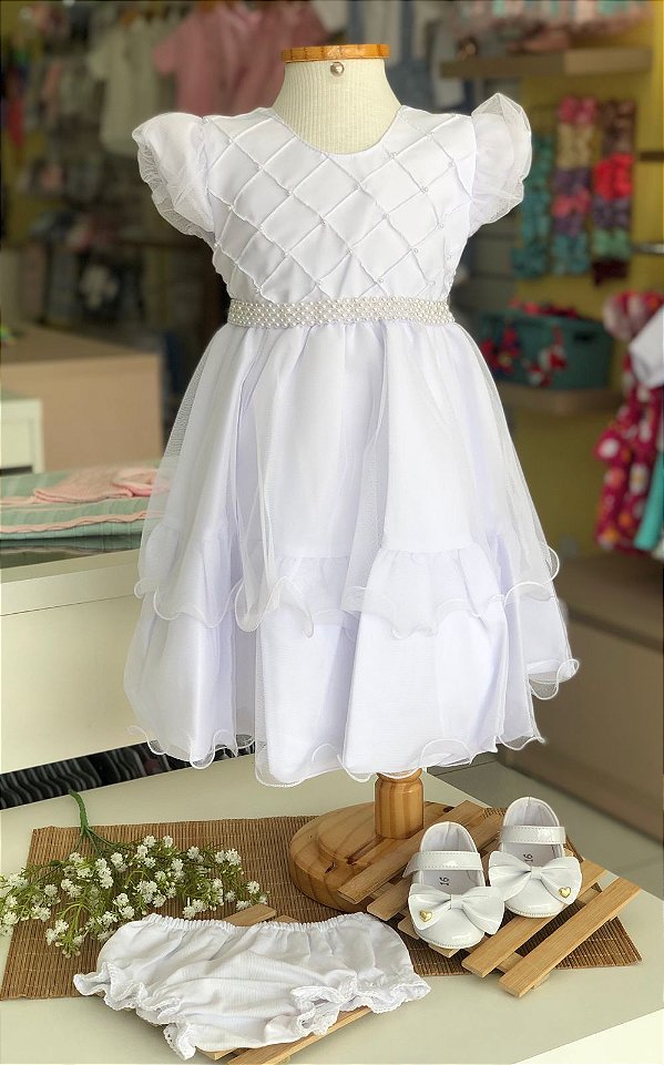 Vestido de Festa Infantil Branco Batizado Cinto Pérolas