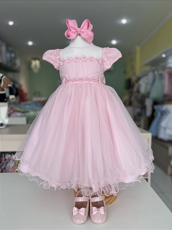 Vestido de Festa Infantil Rosa com Aplique Flores