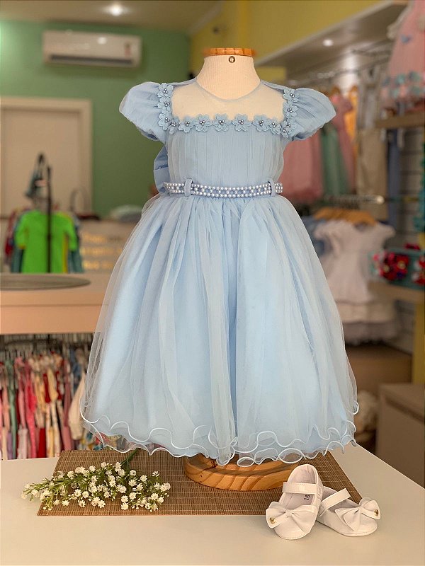 Vestido Infantil de Festa Azul Aplique Flores