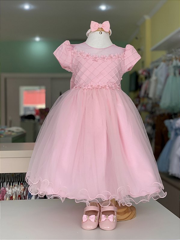 Vestido de Festa Infantil Rosa Aplique com Nervuras