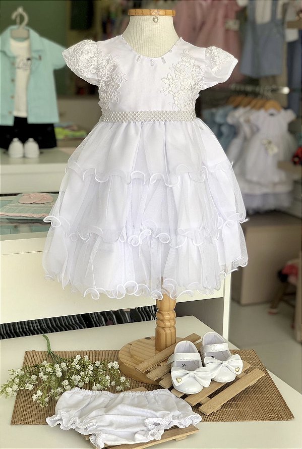 Vestido de Festa Infantil Branco Batizado Camadas