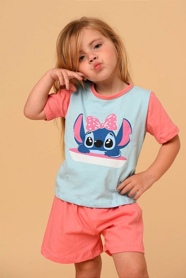 Pijama Curto Infantil Stitch Azul com Coral