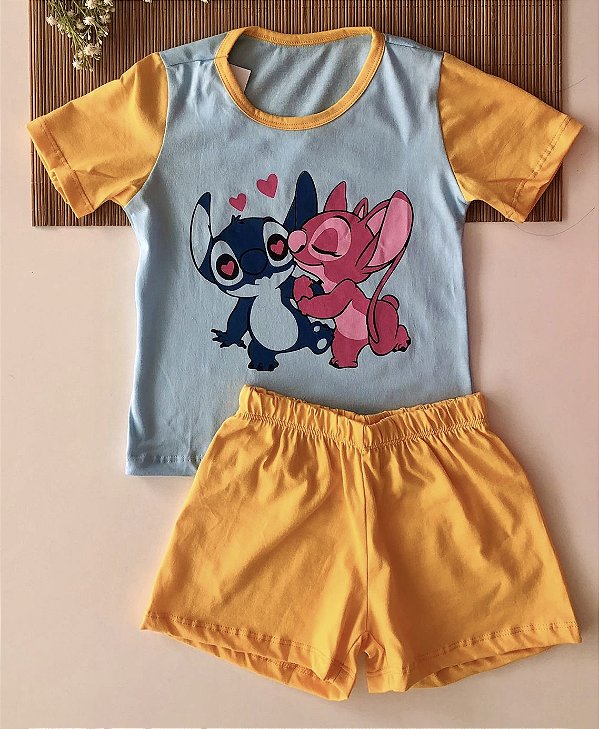 Pijama Curto Infantil Stitch Azul com Laranja