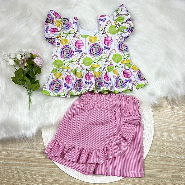Conjunto Julia Bordado Pirulito Rosa