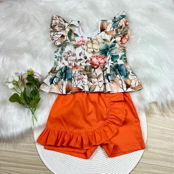 Conjunto Julia Bordado Floral Laranja