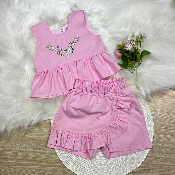 Conjunto Julia Bordado Rosa