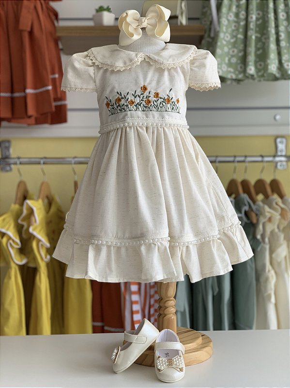 Vestido de Linho Natural Bordado