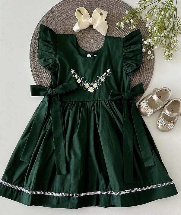 Vestido Ponto Palito Verde Bordado