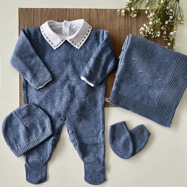 Kit Saida Maternidade de Tricô Masculina Completa Azul Jeans