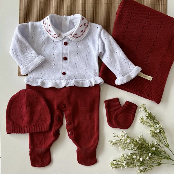 Kit Saida Maternidade de Tricô Completa Vermelha com Branco