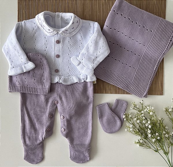 Kit Saida Maternidade de Tricô Completa Lilás Com Branco