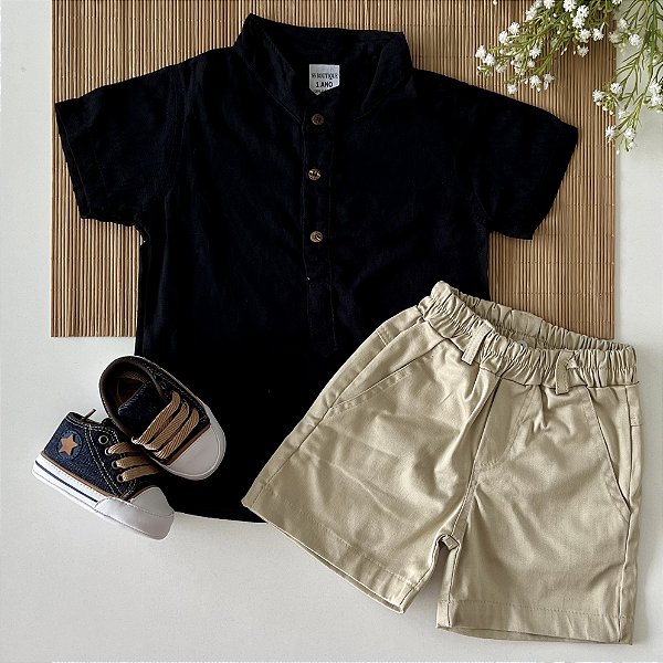 Conjunto Mauricinho Bata Linho Preta Short Areia