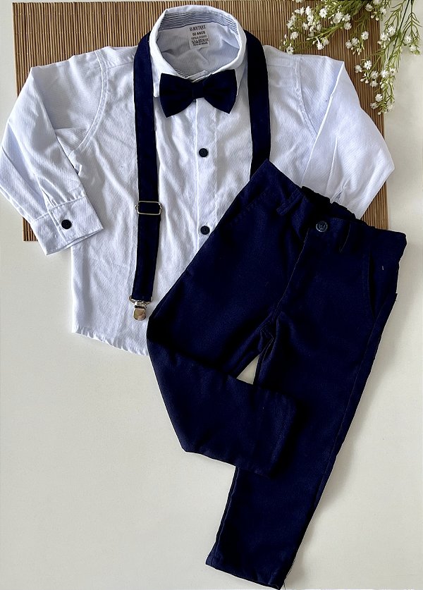 Conjunto Social Infantil Branco com Azul Marinho Longo no Linho Batizado