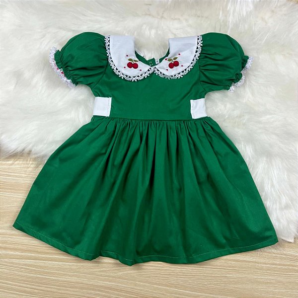 Vestido Infantil Luxo Bordado Cereja Verde