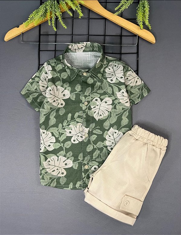 Conjunto Mauricinho Bata Verde Floral Short Caqui