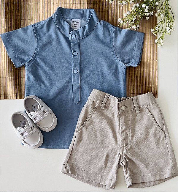 Conjunto Mauricinho Bata azul Jeans Short Areia