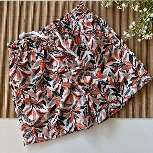 Short Infantil Masculino Tactel Elastano Folhas Laranja