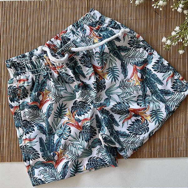 Short Infantil Masculino Tactel Elastano Folhas Verde