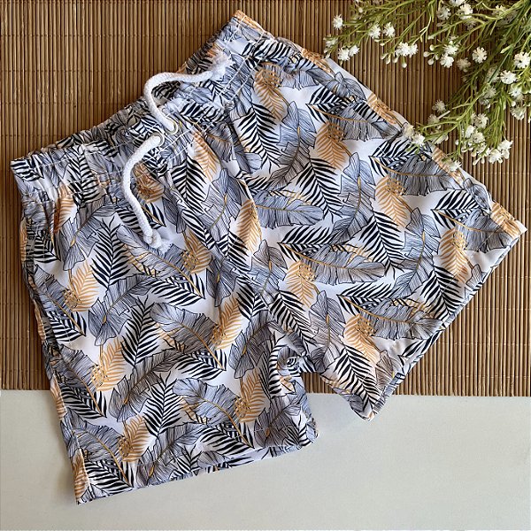 Short Infantil Masculino Tactel Elastano Folhas Preto