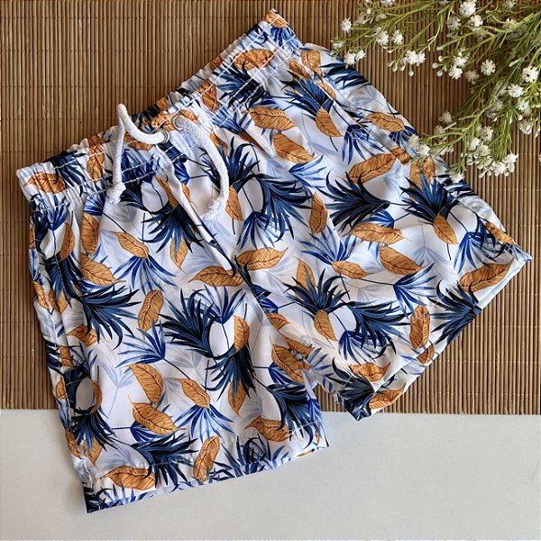 Short Infantil Masculino Tactel Elastano Tropical Azul com Mostarda
