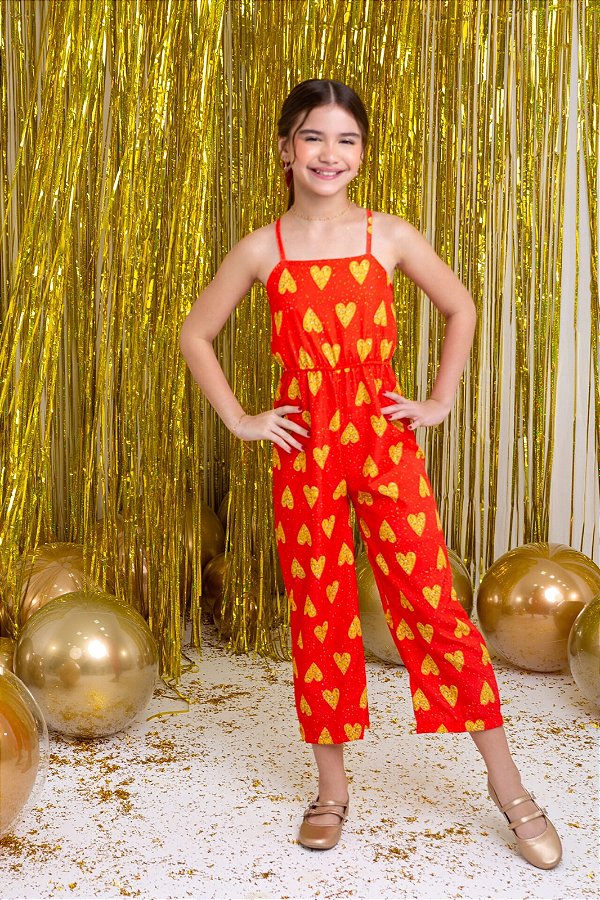 Macacão Yara Vermelho com Corações  dourado