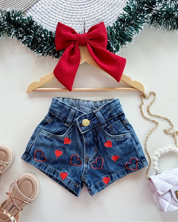 Short jeans Corações Vermelho Vazado