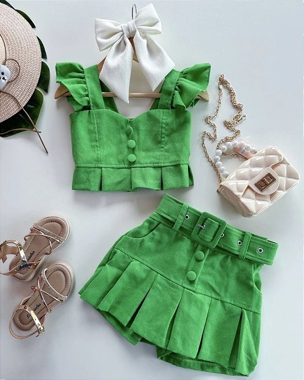 Conjunto linho short saia Verde Bandeira acompanha cinto