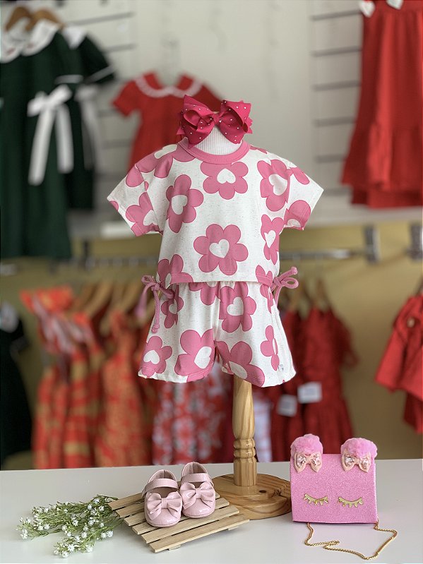 Conjunto Blusa e Short Rosa Iogurte Flor Cinti