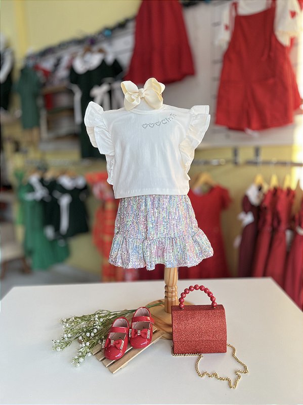 Conjunto Blusa e Saia - Short Lantejoulas Branco Off Cinti