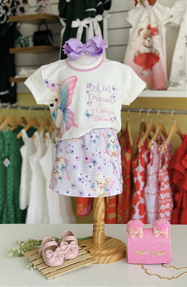 Conjunto Blusa e Short Saia Natural/Lilás Cinti