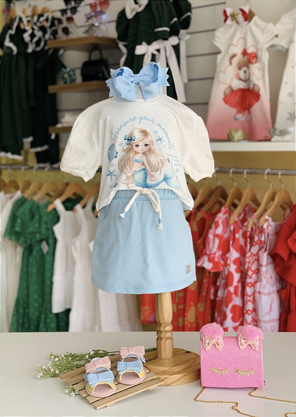 Conjunto Blusa e Short Saia Natural com Azul Aurora Cinti