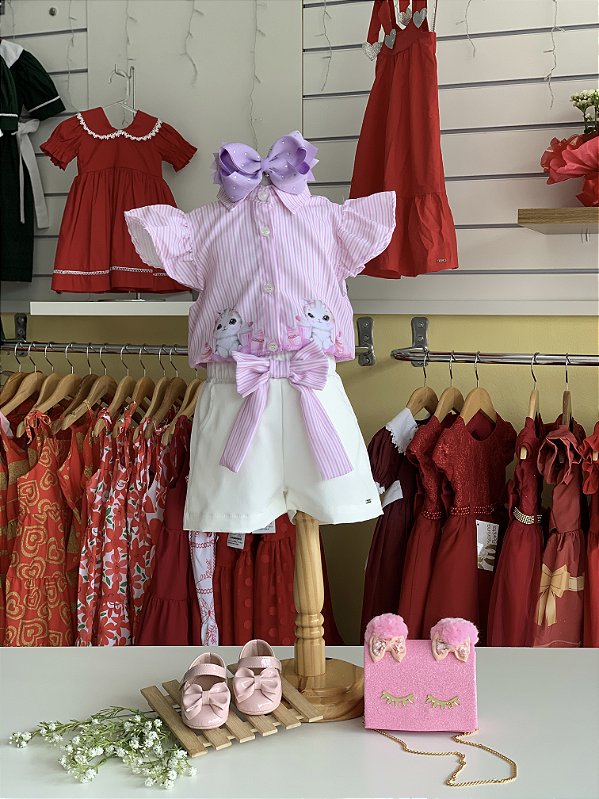 Conjunto Camisete e Short Rosa com Off Cinti