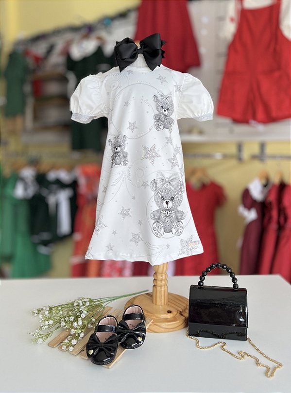 Vestido Off White Ursos Prata