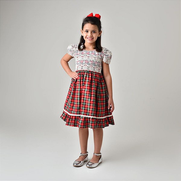 Vestido Xadrez Vermelho com Renda