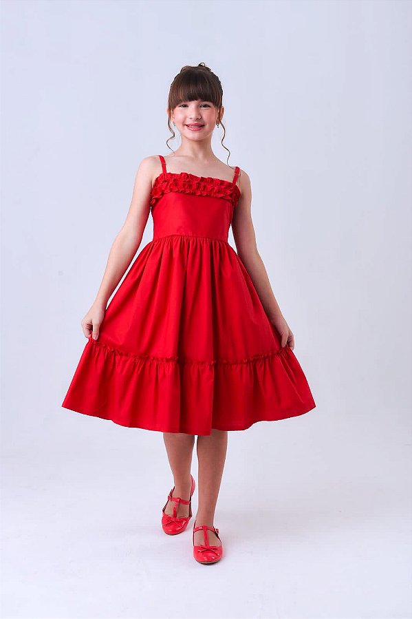 Vestido Infantil Vermelho Alças Babado