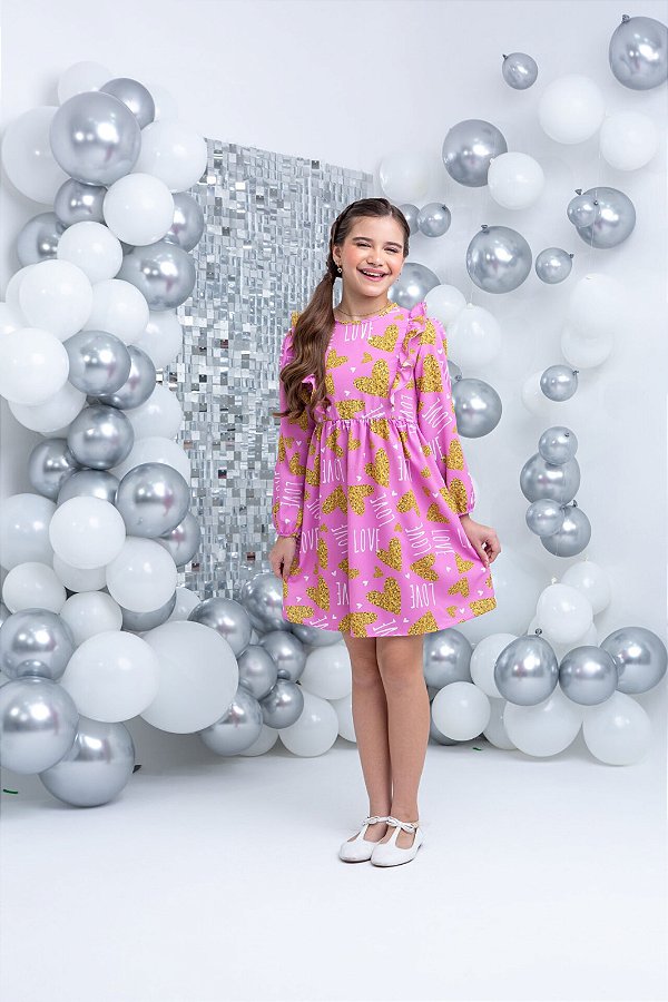 Vestido Marilia Rosa Corações floral