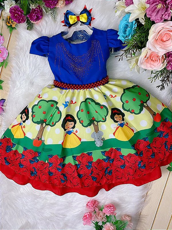 Vestido de Festa Tematico Branca de Neve com Laço S