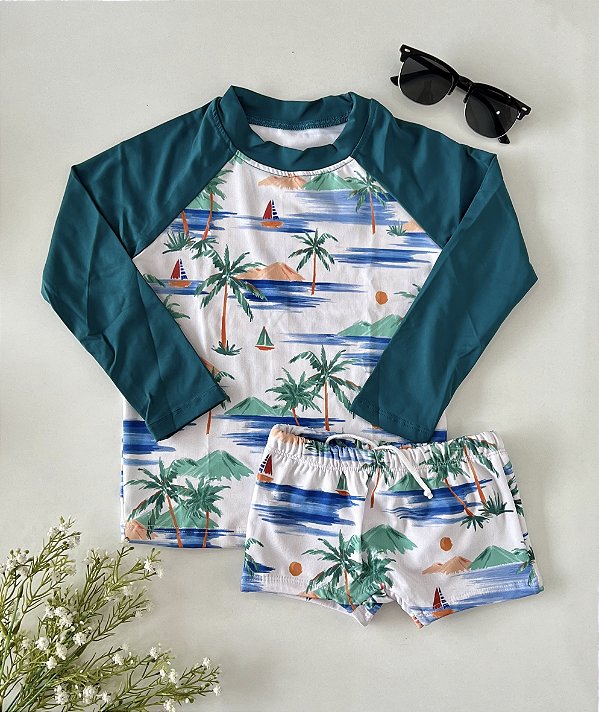 Conjunto de Praia Infantil Proteção Solar Mar Verde