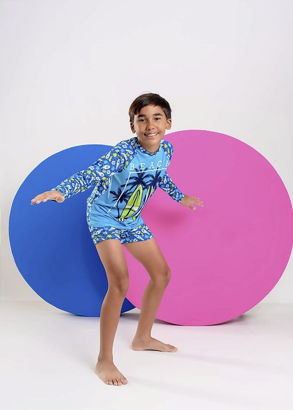 Conjunto de Praia Infantil Proteção Solar Beach Prancha Azul
