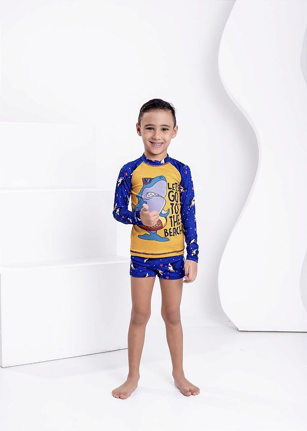 Conjunto de Praia Infantil Proteção Solar Tubarão Beach Azul Bic