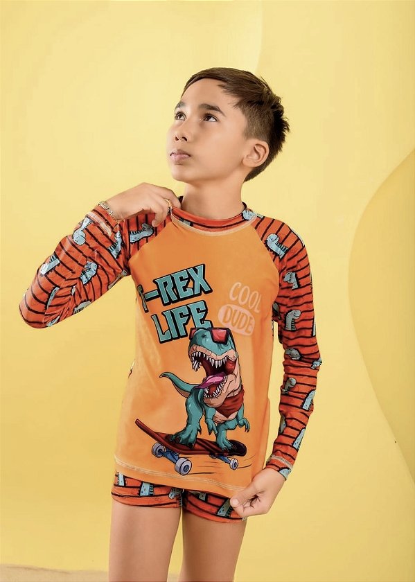 Conjunto de Praia Infantil Proteção Solar Skate T-Rex Laranja