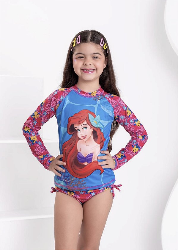 Conjunto de Praia Infantil Proteção Solar Ariel Disney Rosa