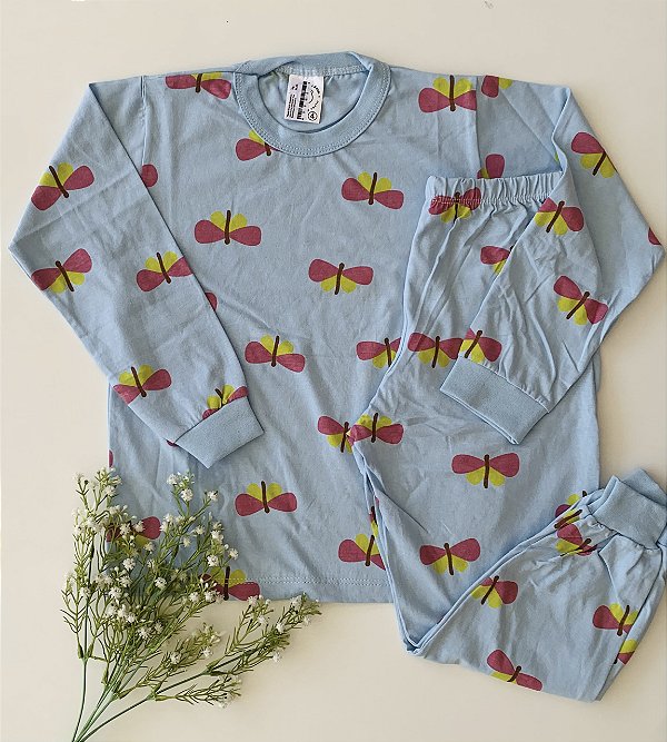 Pijama Infantil Estampado com Punho Feminino Azul Borboletas