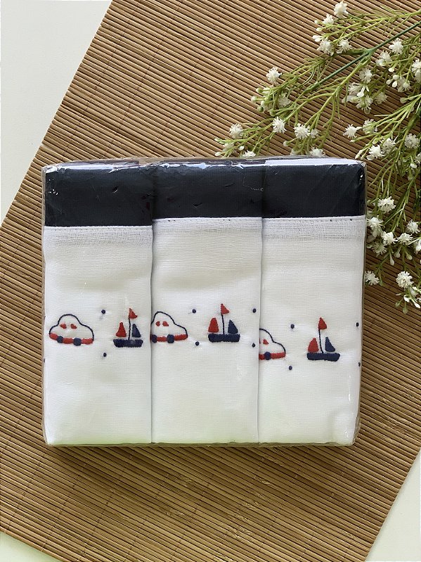 Kit Fralda Luxo 3 Peças Bordada Barquinho Marinho