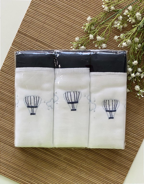 Kit Fralda Luxo 3 Peças Bordada Balão Marinho