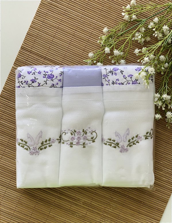 Kit Fralda Luxo 3 Peças Bordada Lilás Floral