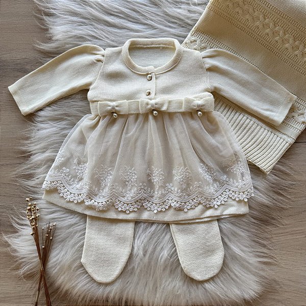 Saída Maternidade Feminina de tricô OFF Vestido Renda Flor