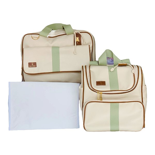 Kit Bolsa Maternidade Luxo Bege com acabamento Verde Bebê e Mochila