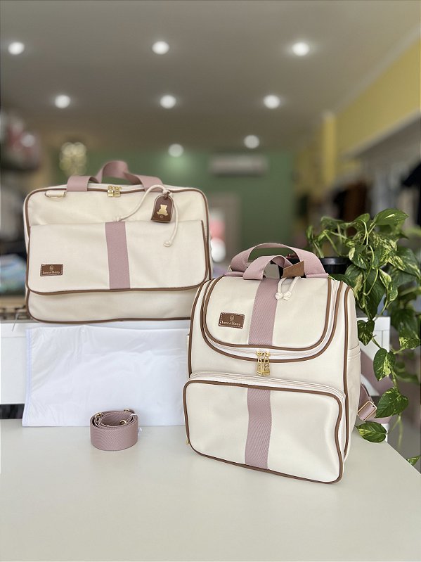 Kit Bolsa Maternidade Luxo Bege com acabamento Rose e Mochila