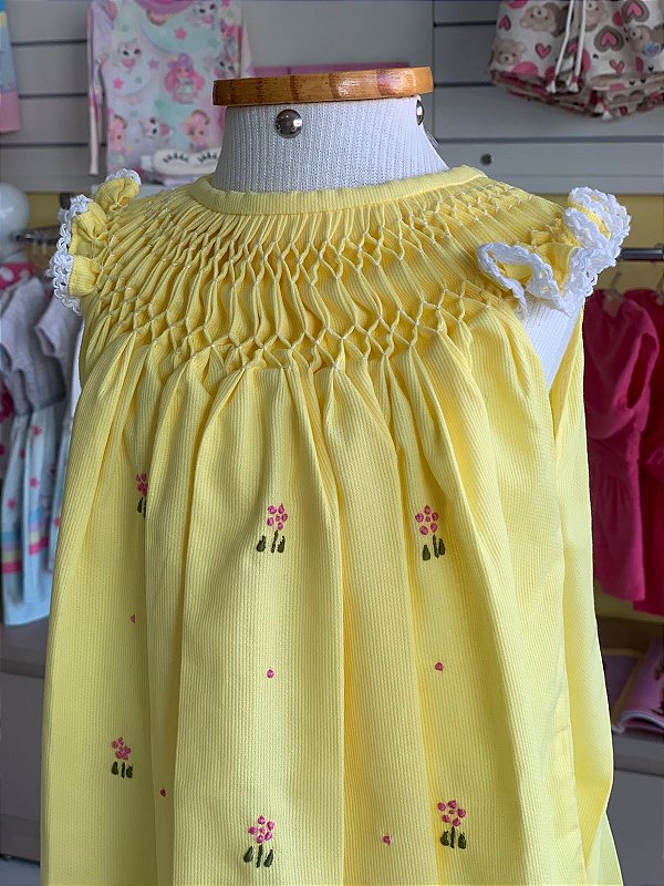 Vestido Bebê Artesanal Casinha de Abelha Amarelo | Bordado Delicado à Mão | Clássico, Elegante e Confortável